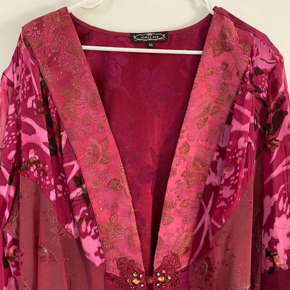 VIOLET KAY VINTAGE Embroidered Lace Mix Print Silk Beaded BoHo Kimono Size 3X - Picture 2 of 7